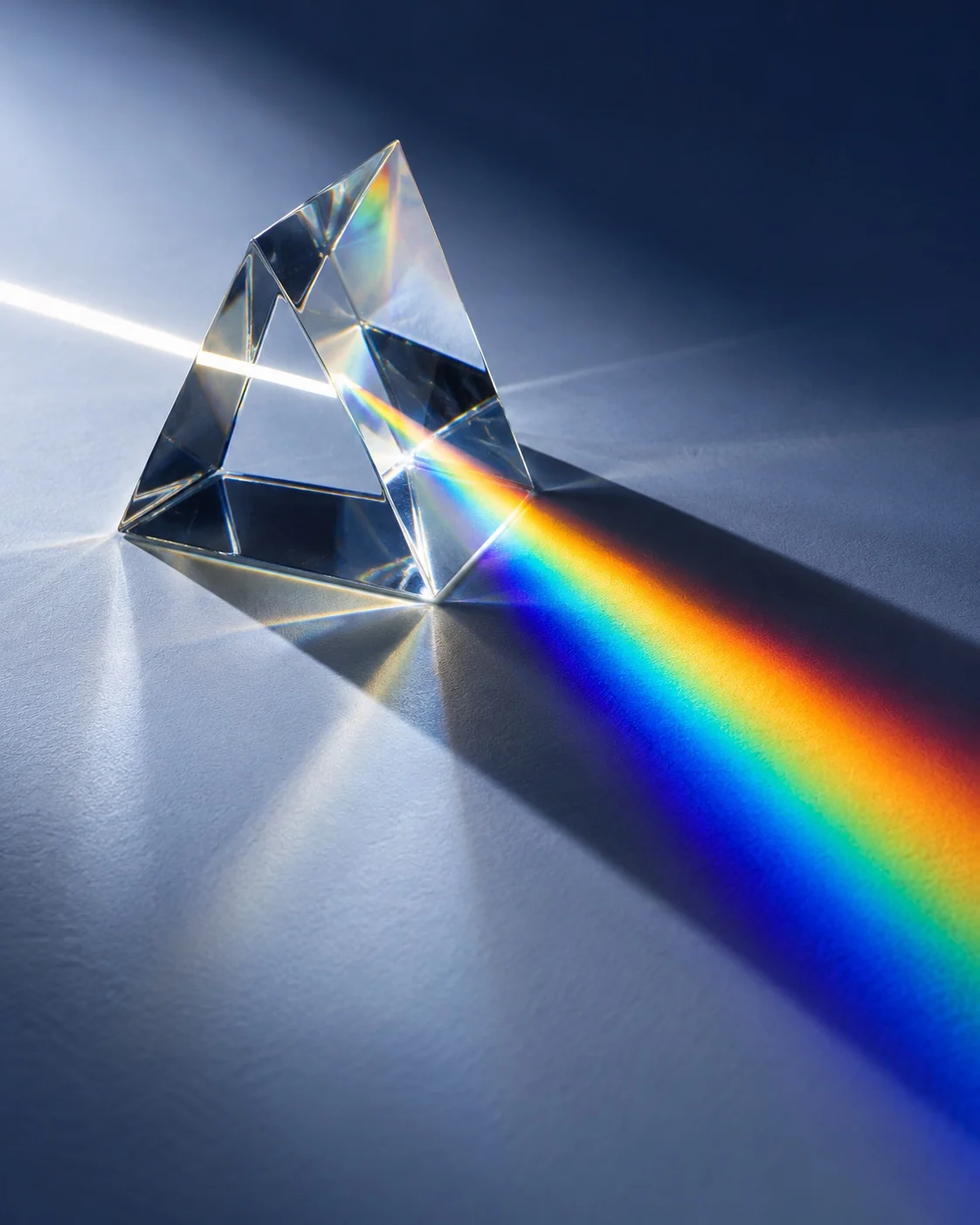 A clear optical prism separating light into a band of spectral colors.
